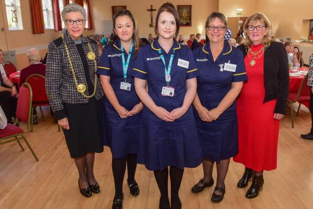 The Mayor and Mayoress of South Tyneside Coun. Pat Hay (left) and Jean Copp (right) with the first of the dementia caring Admiral Nurses l-r Lauren Carter, Bridie Blakey and Lisa Marshall at the fifth anniversary celebration of  the Hebburn Living Well with Dementia, at St. Aloysius Church, Hebburn, on Monday.
