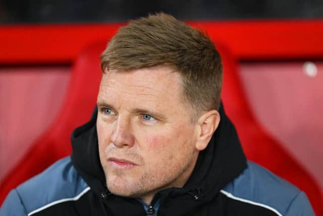 Eddie Howe, Manager of Newcastle United, looks on prior to the Premier League match between Nottingham Forest and Newcastle United at City Ground on March 17, 2023 in Nottingham, England. (Photo by Laurence Griffiths/Getty Images)