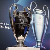 The trophy is displayed ahead of the draw for the 2022 UEFA Champions League quarter-finals, semi-finals and final at the UEFA headquarters, in Nyon, on March 18, 2022. (Photo by Fabrice COFFRINI / AFP) (Photo by FABRICE COFFRINI/AFP via Getty Images)