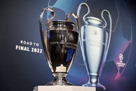 The trophy is displayed ahead of the draw for the 2022 UEFA Champions League quarter-finals, semi-finals and final at the UEFA headquarters, in Nyon, on March 18, 2022. (Photo by Fabrice COFFRINI / AFP) (Photo by FABRICE COFFRINI/AFP via Getty Images)
