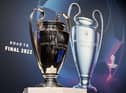 The trophy is displayed ahead of the draw for the 2022 UEFA Champions League quarter-finals, semi-finals and final at the UEFA headquarters, in Nyon, on March 18, 2022. (Photo by Fabrice COFFRINI / AFP) (Photo by FABRICE COFFRINI/AFP via Getty Images)