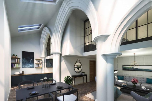 How the interior of Erskine Church, Falkirk, could look like after conversion to 15 flats - the image shows the open plan living space featuring the kitchen, dining area and lounge. Plans for a ‘sensitive conversion’ have been approved by councillors. The building was bought in 2014 by businesswoman Gina Fyffe.