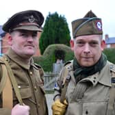 Army veteran Trevor Gray (left) in the uniform of the Durham Light Infantry 1914-1918 along with fellow army veteran Kevin Merritt in a USA Airborne uniform from 1942-1945 who are walking from Seaham to South Shields to raise funds for the charity Veterans at Ease . Picture by FRANK REID