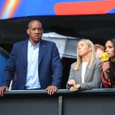 LE HAVRE, FRANCE - JUNE 14: Dion Dublin, Jordan Nobbs and Alex Scott look on from the TV studio during the 2019 FIFA Women's World Cup France group D match between England and Argentina at  on June 14, 2019 in Le Havre, France. (Photo by Marc Atkins/Getty Images)