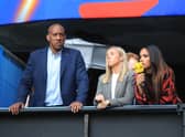 LE HAVRE, FRANCE - JUNE 14: Dion Dublin, Jordan Nobbs and Alex Scott look on from the TV studio during the 2019 FIFA Women's World Cup France group D match between England and Argentina at  on June 14, 2019 in Le Havre, France. (Photo by Marc Atkins/Getty Images)