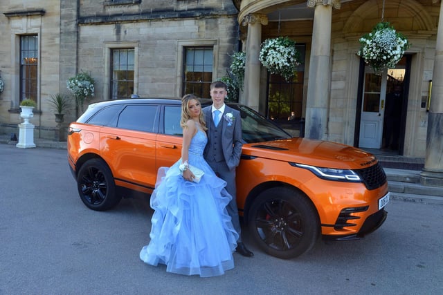 Two pupils dressed for the occasion outside the entrance to the Beamish Hall Hotel.