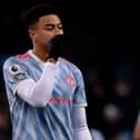 Jesse Lingard of Manchester United reacts during the Premier League match between Aston Villa  and  Manchester United at Villa Park on January 15, 2022 in Birmingham, England. (Photo by Ash Donelon/Manchester United via Getty Images)