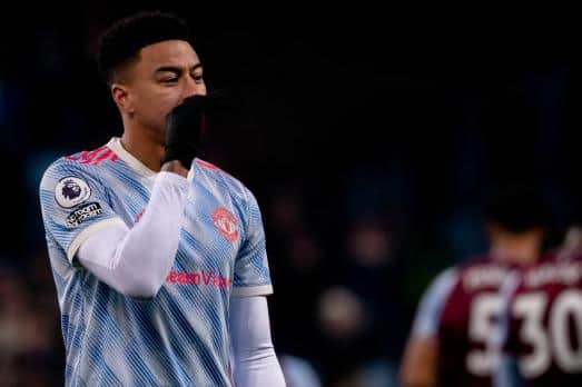 Jesse Lingard of Manchester United reacts during the Premier League match between Aston Villa  and  Manchester United at Villa Park on January 15, 2022 in Birmingham, England. (Photo by Ash Donelon/Manchester United via Getty Images)