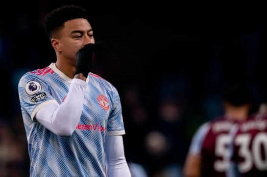 Jesse Lingard of Manchester United reacts during the Premier League match between Aston Villa and Manchester United at Villa Park on January 15, 2022 in Birmingham, England. (Photo by Ash Donelon/Manchester United via Getty Images)
