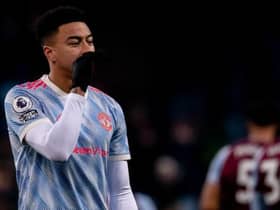 Jesse Lingard of Manchester United reacts during the Premier League match between Aston Villa  and  Manchester United at Villa Park on January 15, 2022 in Birmingham, England. (Photo by Ash Donelon/Manchester United via Getty Images)