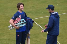 Durham batsman Cameron Bancroft (l) chats with coach James Franklin after a net session.