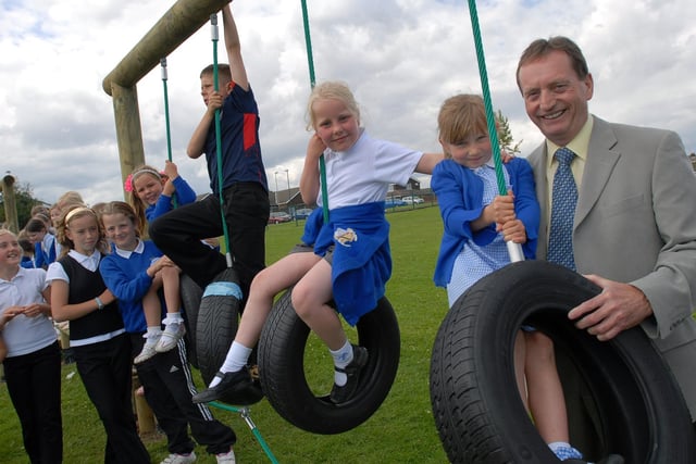The new trim trail at Fellgate Primary School got a warm welcome from these pupils on its opening day in 2009. Chair of governors Alan Smith was there to give a helping hand.