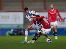 Hartlepool United's Ellis Taylor battles for possession with Morecambe's Shane McLoughlin during the EFL Trophy match between Morecambe and Hartlepool United at the Globe Arena. (Credit: Mark Fletcher | MI News)