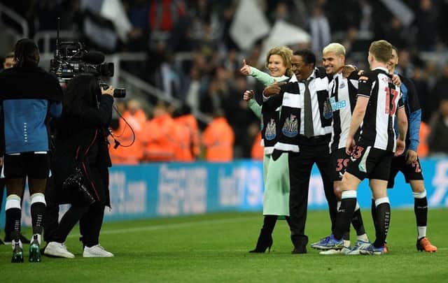 Newcastle United co-owner Amanda Staveley with Bruno Guimaraes following Newcastle United's 2-0 win over Arsenal in May (Photo by OLI SCARFF/AFP via Getty Images)