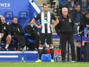 Andy Carroll of Newcastle United waits to be substituted on as Steve Bruce, Manager of Newcastle United looks on during the Premier League match between Leicester City and Newcastle United at The King Power Stadium on September 29, 2019 in Leicester, United Kingdom. (Photo by Michael Regan/Getty Images)
