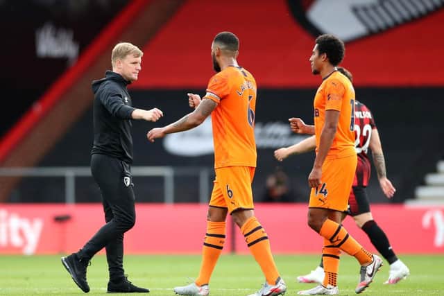 BOURNEMOUTH, ENGLAND - JULY 01: Eddie Howe, Manager of Bournemouth and Jamaal Lascelles of Newcastle United at full-time during the Premier League match between AFC Bournemouth and Newcastle United at Vitality Stadium on July 01, 2020 in Bournemouth, England.