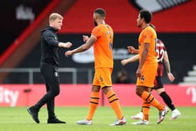 BOURNEMOUTH, ENGLAND - JULY 01: Eddie Howe, Manager of Bournemouth and Jamaal Lascelles of Newcastle United at full-time during the Premier League match between AFC Bournemouth and Newcastle United at Vitality Stadium on July 01, 2020 in Bournemouth, England.