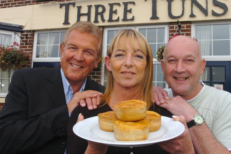 A 2007 photo in Houghton where a Pork Pie Show was being held at the Three Tuns, Houghton. Pictured left to right are John Gibson, Bridget James and Charlie Lee.