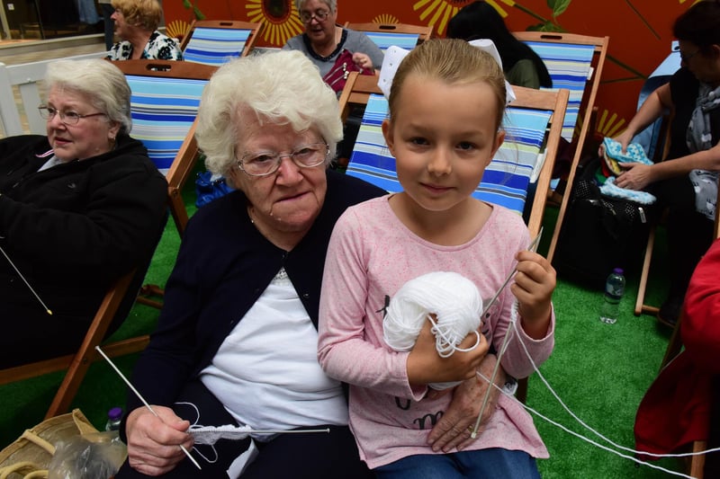 Knitters aged 7 to 85 were out in Middleton Grange Shopping Centre for a sponsored knit in aid of the Blue Light Babies charity in 2017. Pictured are 85 year old Beryl Downer and 7 year old Ellie Mai Dignen.