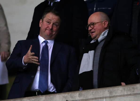 OXFORD, ENGLAND - FEBRUARY 04: Mike Ashley owner of Newcastle United talks to managing Directory Lee Charnley ahead of the FA Cup Fourth Round Replay match between Oxford United and Newcastle United at Kassam Stadium on February 04, 2020 in Oxford, England. (Photo by Catherine Ivill/Getty Images)