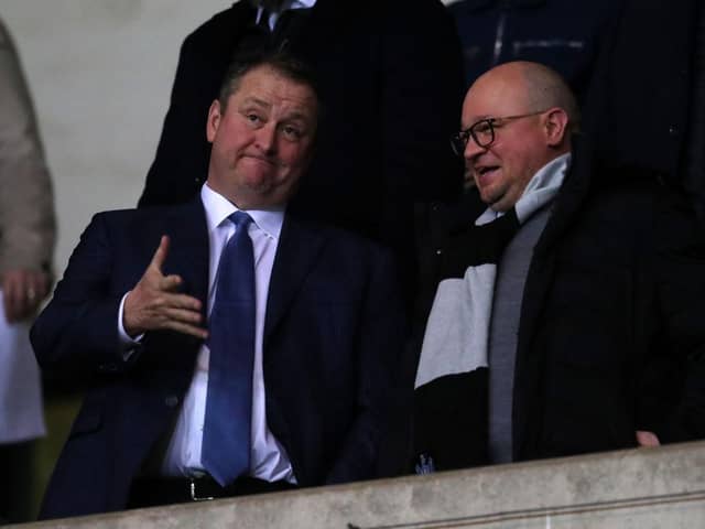 OXFORD, ENGLAND - FEBRUARY 04: Mike Ashley owner of Newcastle United talks to managing Directory Lee Charnley ahead of the FA Cup Fourth Round Replay match between Oxford United and Newcastle United at Kassam Stadium on February 04, 2020 in Oxford, England. (Photo by Catherine Ivill/Getty Images)
