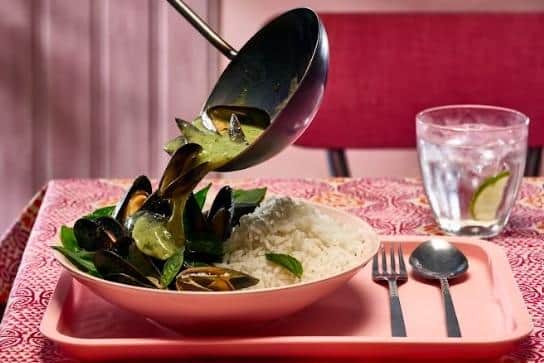 Fragrant Thai Green Curry Mussels With Rice.