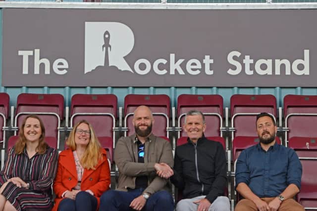 Left to right, Rocket Ecology Ltd managing director Caroline Airson, The Rocket Group chief operating officer Natasha Powers, The Rocket Group chief executive officer and co-founder Craig Huddart, South Shields FC operations director Carl Mowatt and The Rocket Group director and co-founder Anthony Boyce.