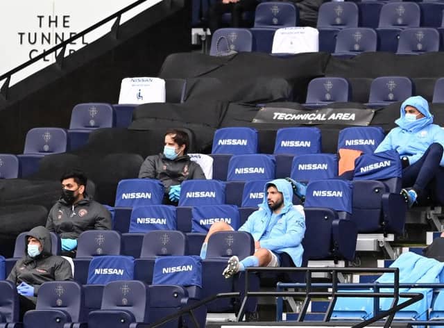 Sergio Aguero of Manchester City looks on from the substitute stand. (Photo by Laurence Griffiths/Getty Images)