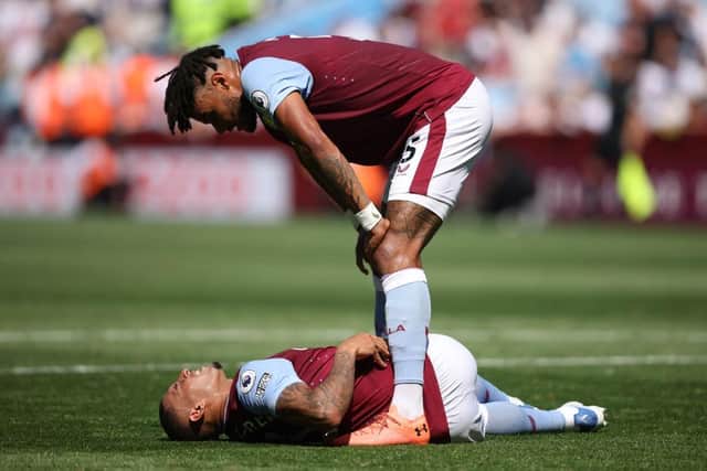 Tyrone Mings and Diego Carlos of Aston Villa react during the Premier League match between Aston Villa and Everton FC at Villa Park on August 13, 2022 in Birmingham, England. (Photo by Marc Atkins/Getty Images)