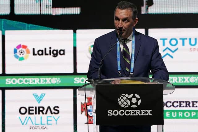 LISBON, PORTUGAL - SEPTEMBER 05: Joe DaGrosa CEO of GACP Sports talks during the opening session of Day 1 of Soccerex Europe Convention at Tagus Park on September 5, 2019 in Lisbon, Portugal. (Photo by Gualter Fatia/Getty Images)