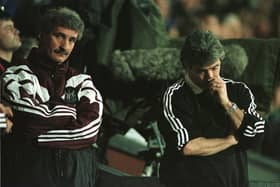 8 Apr 1996:  Terry McDermott and Kevin Keegan of Newcastle are a picture of despair after Blackburn's winning goal during the Blackburn v Newcastle Premier League Match played at Ewood Park in Blackburn. Mandatory Credit: Stu Forster/ALLSPORT