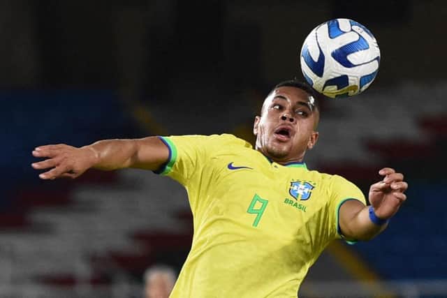 Brazil's Vitor Roque heads the ball during the South American U-20 championship first round football match against Brazil at the Pascual Guerrero Stadium in Cali, Colombia, on January 23, 2023. (Photo by JOAQUIN SARMIENTO / AFP) (Photo by JOAQUIN SARMIENTO/AFP via Getty Images)
