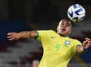 Brazil's Vitor Roque heads the ball during the South American U-20 championship first round football match against Brazil at the Pascual Guerrero Stadium in Cali, Colombia, on January 23, 2023. (Photo by JOAQUIN SARMIENTO / AFP) (Photo by JOAQUIN SARMIENTO/AFP via Getty Images)