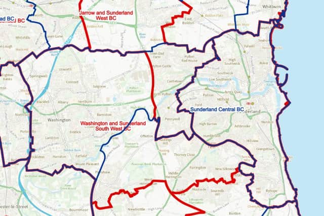 This Boundary Commission for England (BCE) map shows the existing boundaries and proposed changes to the Jarrow and Houghton and Sunderland South areas.