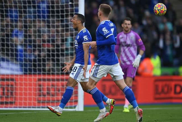 Youri Tielemans of Leicester City celebrates after scoring their side's first goal during the Premier League match between Leicester City and Newcastle United at The King Power Stadium on December 12, 2021 in Leicester, England. (Photo by Gareth Copley/Getty Images)