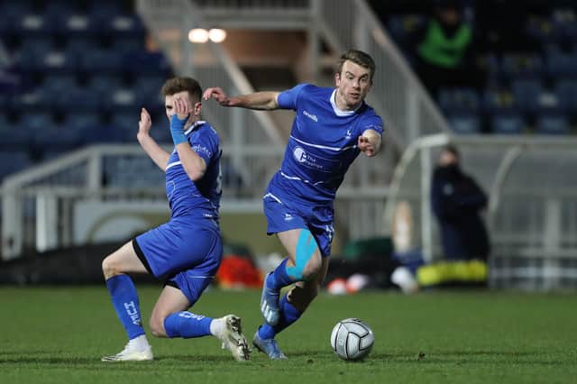 Rhys Oates and Mark Shelton of Hartlepool United  during the Vanarama National League match between Hartlepool United and Solihull Moors at Victoria Park, Hartlepool on Tuesday 9th February 2021. (Credit: Mark Fletcher | MI News)