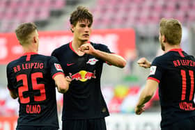 COLOGNE, GERMANY - JUNE 01: Patrik Schick of Leipzig celebrates with team mates after scoring his sides first goal during the Bundesliga match between 1. FC Koeln and RB Leipzig at RheinEnergieStadion on June 1, 2020 in Cologne, Germany. (Photo by Ina Fassbender/Pool via Getty Images)