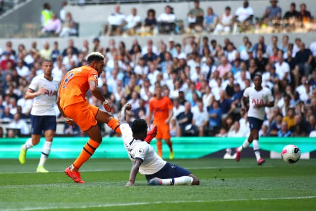 Joelinton scores against Tottenham.