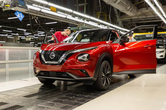 A new Juke on the production line at Nissan's plant, where work was halted earlier this spring.