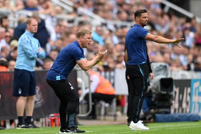 Newcastle United head coach Eddie Howe reacts on the sidelines during the Premier League match between Newcastle United and Nottingham Forest at St. James Park on August 06, 2022 in Newcastle upon Tyne, England. (Photo by Stu Forster/Getty Images)