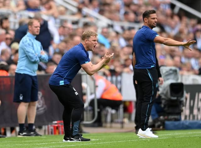 Newcastle United head coach Eddie Howe reacts on the sidelines during the Premier League match between Newcastle United and Nottingham Forest at St. James Park on August 06, 2022 in Newcastle upon Tyne, England. (Photo by Stu Forster/Getty Images)