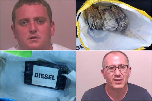 Top: Liam Scotton and the cash discovered in the car
Bottom: The parcel of drugs and Cuneyt Taskin