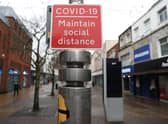 A Covid-19 social distancing sign  during England's third national lockdown to curb the spread of coronavirus.