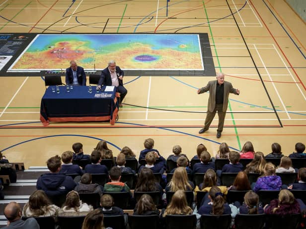 Dr Andrew Aldrin speaking with children during the event at the University of Sunderland. 

Picture: DAVID WOOD