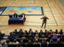 Dr Andrew Aldrin speaking with children during the event at the University of Sunderland. 

Picture: DAVID WOOD