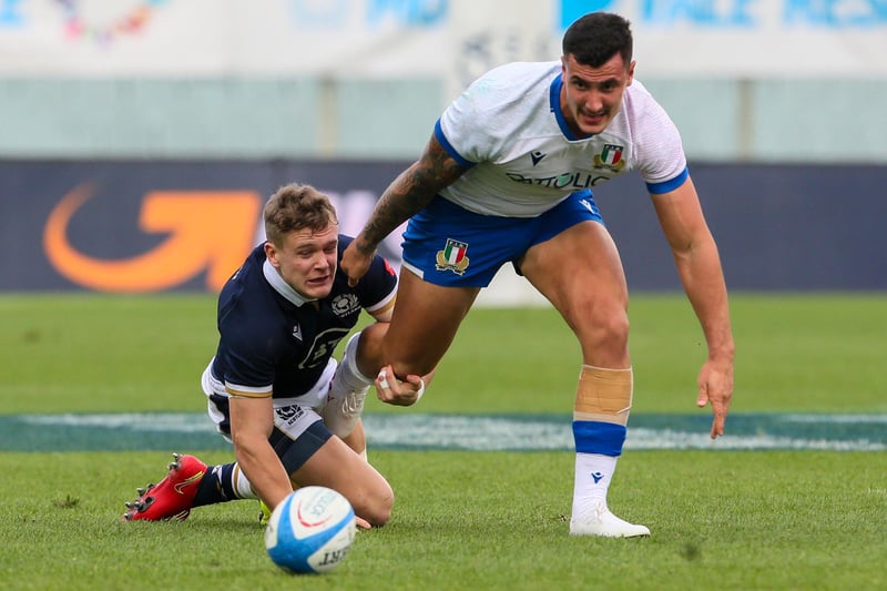November 13, 2020: Italy 17, Scotland 28, Autumn Nations Cup
Darcy Graham of Scotland and Marco Zanon of Italy competing for the ball at the Stadio Artemio Franchi in Florence (Photo by Giampiero Sposito/Getty Images)
