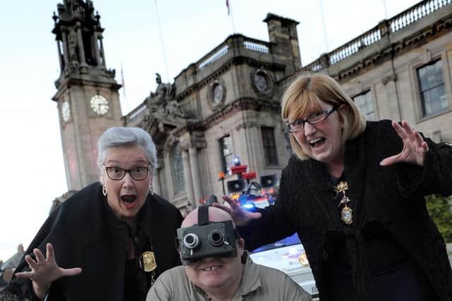 The Mayor Cllr Pat Hay and Mayoress Mrs Jean Copp with Ghostbuster Stan Yanetta, outside South Shields Town Hall.