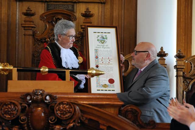 Ray Spencer MBE receives the Freedom of the Borough of South Tyneside, from Mayor Cllr Pat Hay, at South Shields Town Hall.