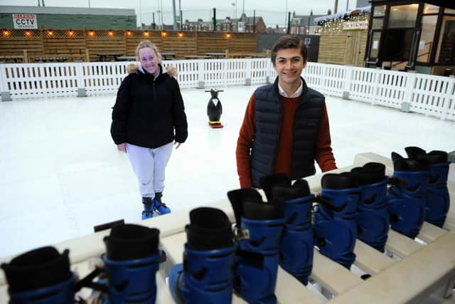 South Tyneside Council Cllr Adam Ellison with parent Josey Dixon at Hedworth Hall's Ice Rink.