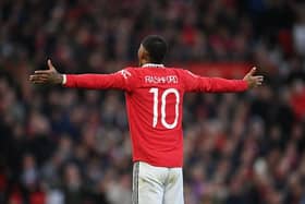 Marcus Rashford of Manchester United in action during the Emirates FA Cup Quarter Final between Manchester United and Fulham at Old Trafford on March 19, 2023 in Manchester, England. (Photo by Michael Regan/Getty Images)